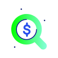 Pictogram of green magnifying glass with dollar sign